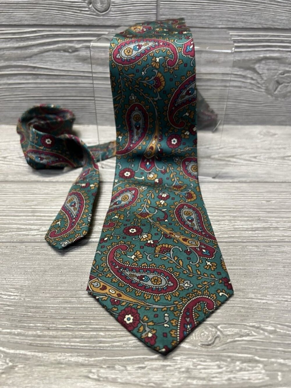 Campus All  Silk Neck Tie Paisley Teal Green Burgundy Made in USA Vintage